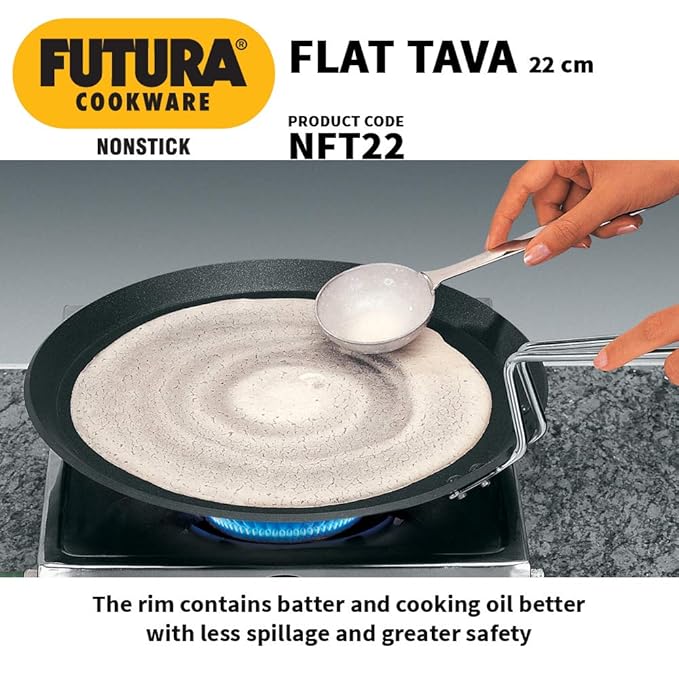 Hawkins Futura Nonstick Flat Tava Stainless Steel Handle,Tawa with Rim, Pancake Pan Flat Pan Black