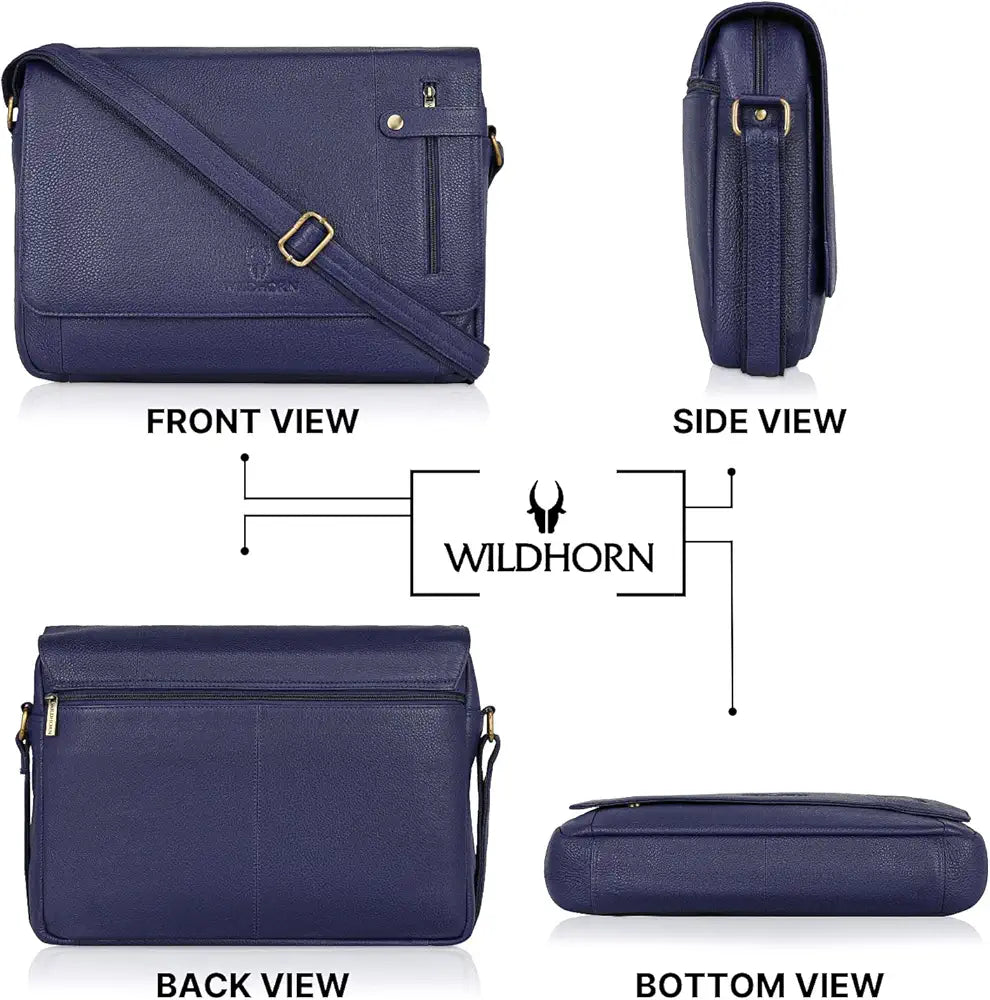WildHorn Leather Messenger Bag for Men/Office Bag for Men I Padded Laptop Compartment with Adjustable Strap I DIMENSION : L-15 inch W-3 inch H-12 inch