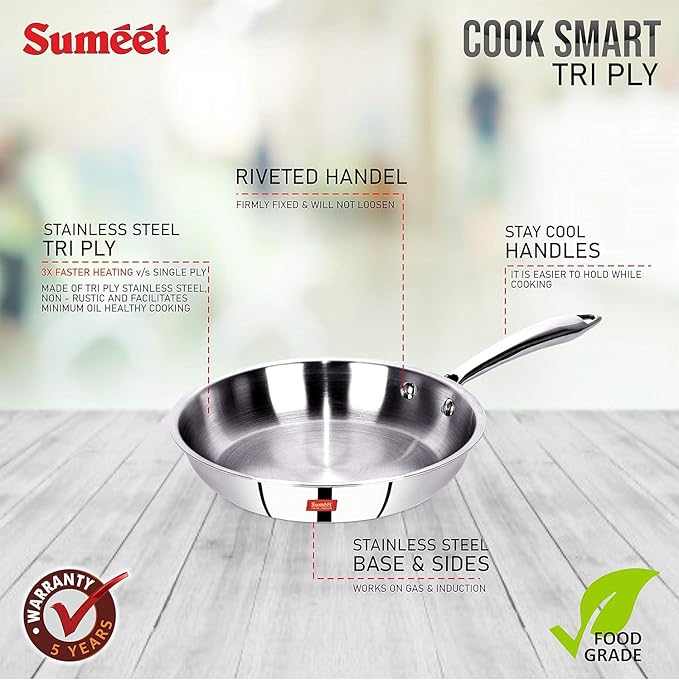 Sumeet Cook Smart TriPly Steel-Aluminium-Steel 3 Layers Fry Pan 1.4 Ltr 22Cm