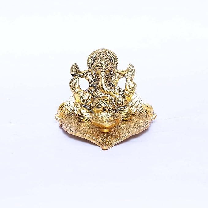 Kridaykraft Metal Lord Ganesha On Leaf with Diya Idol for Pooja Room