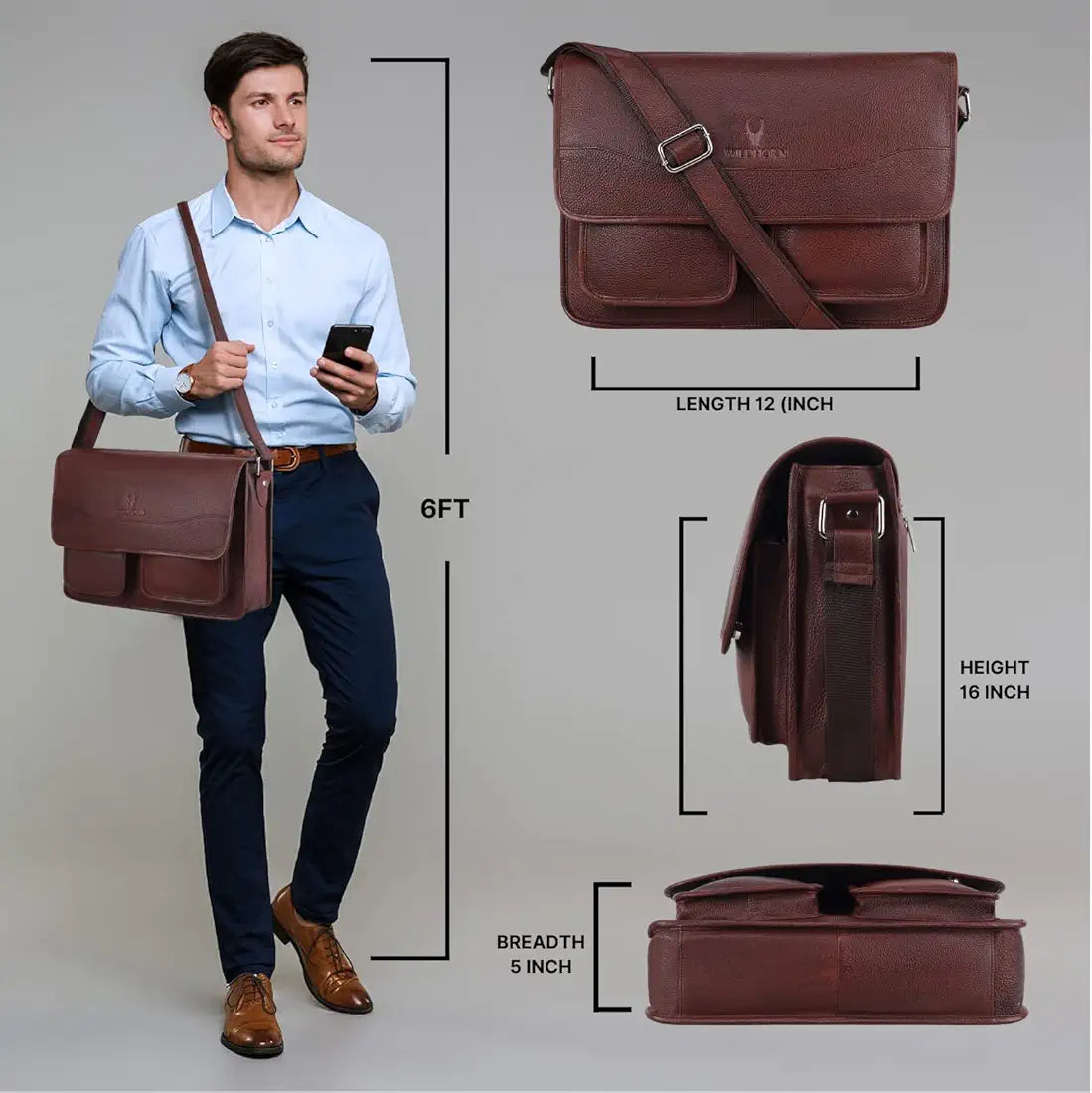 WildHorn Urban Edge100% Leather Laptop Messenger Maroon Men's Bag 