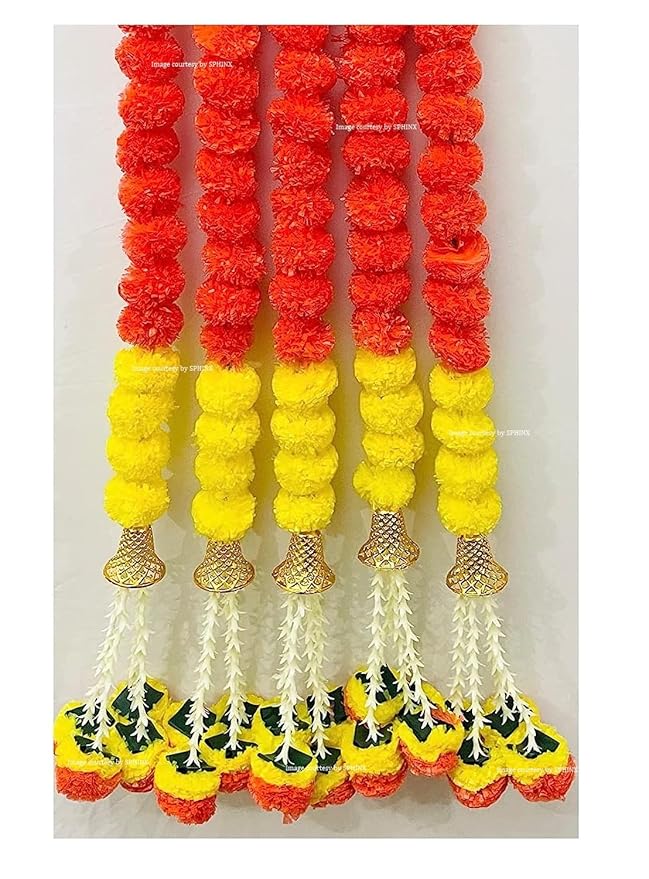 Marigold Fluffy Flowers with Bell and Tuberoses Colour Dark Orange & Yellow Mix - 4 Pieces