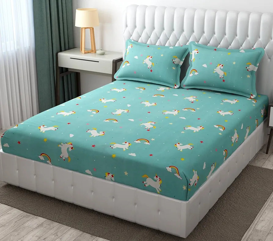 Fresh From Loom Cartoon Wrinkle Free Microfiber Bedsheet for Kids Multicolor 144 TC Teal