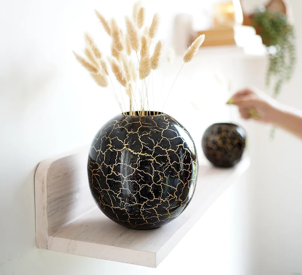 Behoma Metal Ball Vase for Home Decor Black Crackled Medium Flowers not Included