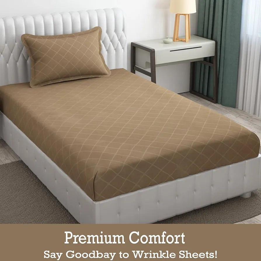 Fresh From Loom Single Bedsheet Microfiber Rotary Printed with 1 Pillow Covers 144 TC Dark Beige Barfi