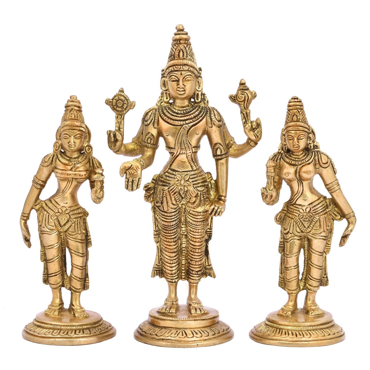The Advitya Brass Vishnu With Bhudevi & Sridevi Statue | Set of 3 | Satya Narayan Swami Statue for Home Pooja