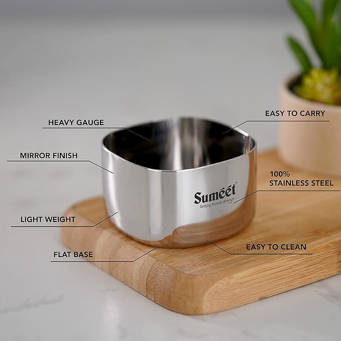 Sumeet Heavy Gauge Stainless Steel Square Bowl Set of 6pc 200 ml Each Silver