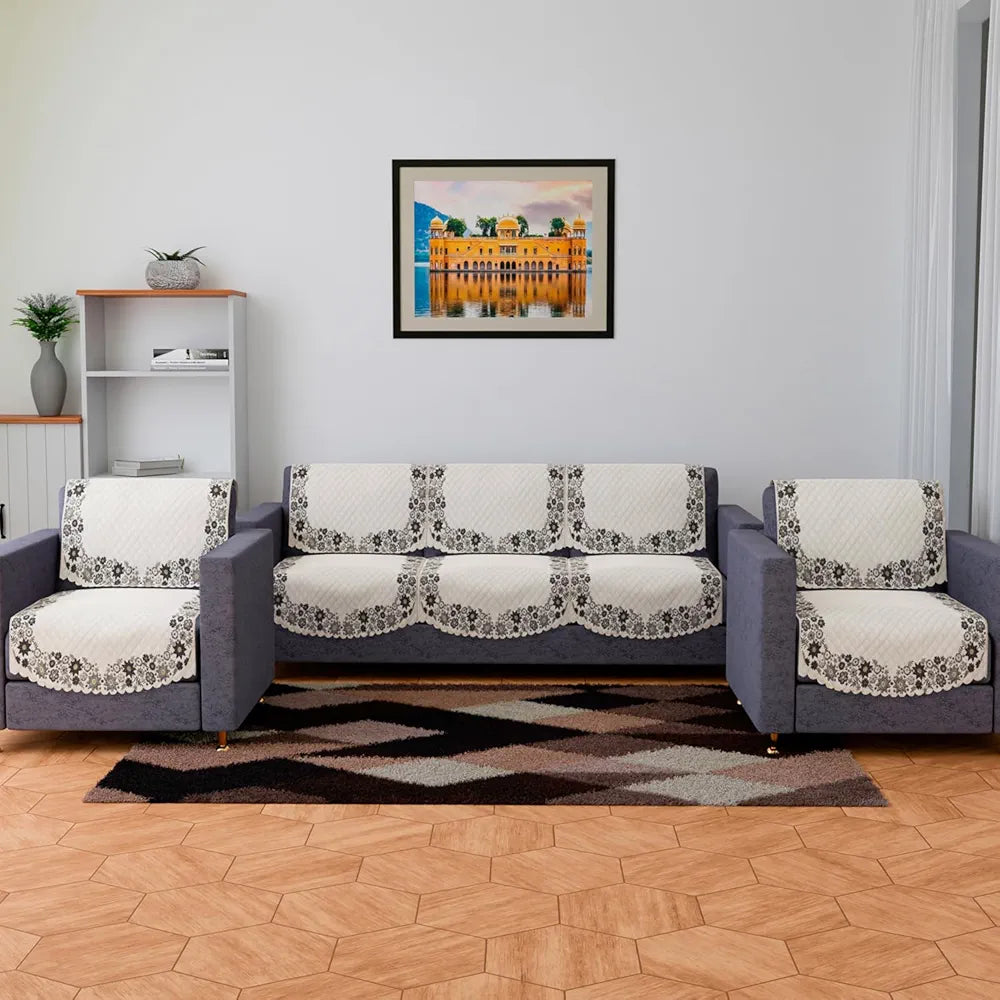 Kuber Industries Velvet Sofa Cover Set Digital Painting Quilted SueDe Ultra Sonic Living Room Cream
