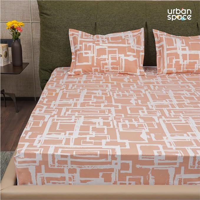 Urban Space Serene Bedsheet for Double Bed 2 Pillow Covers (Colour Checkers Peach)
