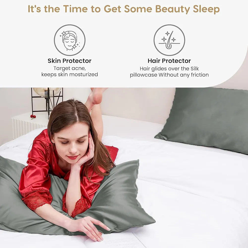 Cloth Fusion Satin Pillow Cover Set of 2 Pillow Case with 3 Satin Soft Scrunchies Silver