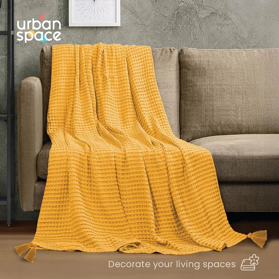 Urban Space Cotton Waffle Throw Blanket, Soft Decorative Throw for Living Room, Sofa, Chair and Couch, Handmade,Reversible and Breathable Throw Waffle Mustard