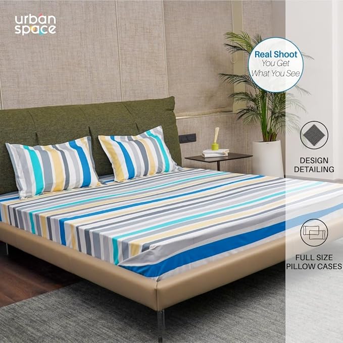 Urban Space Serene Bedsheet for Double Bed 2 Pillow Covers (Colour Multicolour Stripes Blue)