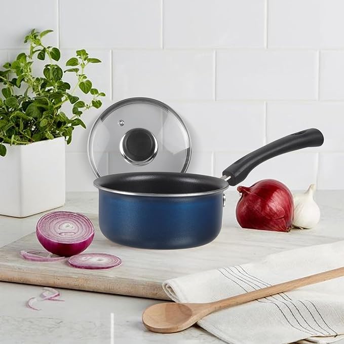 Vinod Zest Aluminium Non Stick Saucepan with Glass Lid - 1.6 Litre, 16cm | Milk/Tea Pan | Sauce Pot with Lid | 3mm Thick | 3 Layer Coating