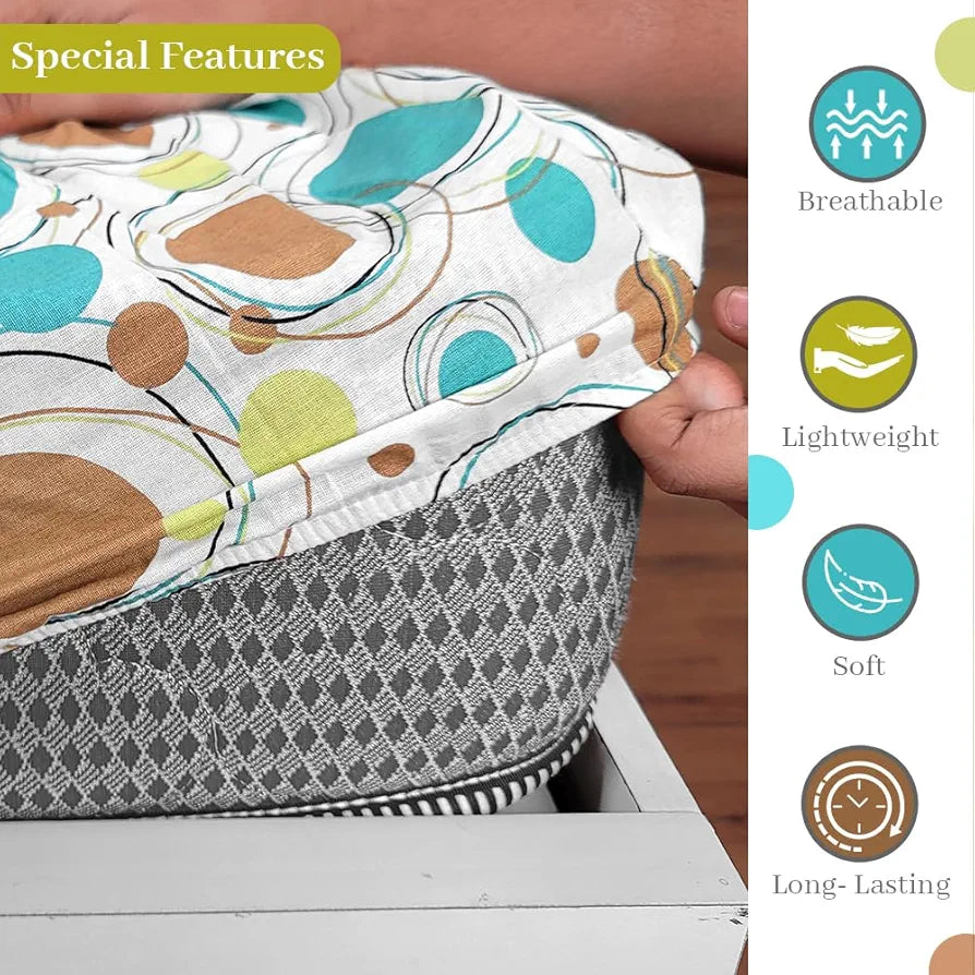 Divine Casa 144 TC Polka Dots White Skin Friendly 100% Cotton Double Bed Sheet Queen Size Elastic Fitted Colour Biscuit Baltic Sea