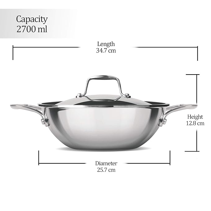 Milton Pro Cook Triply Stainless Steel 24 Cm Kadai With Lid, 2.6 Litres, 3 - 1005 gms
