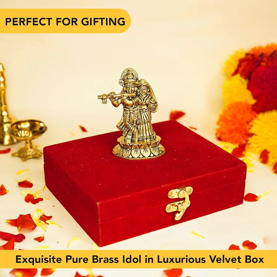 Ekhasa Pure Brass Radha Krishna Murti In Luxury Red Velvet Gift Box God Idols