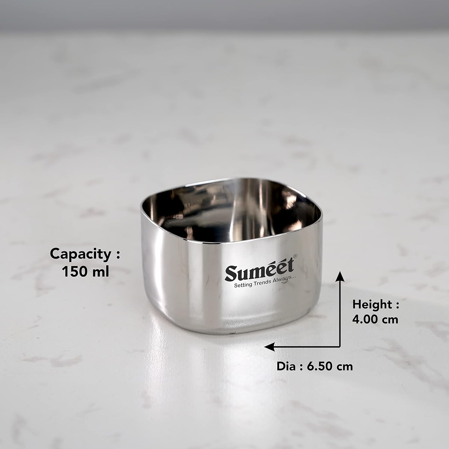 Sumeet Heavy Gauge Stainless Steel Square Bowl Set of 6pc 150 ml Each Silver