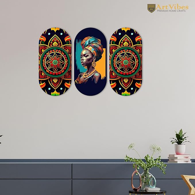 Artvibes African Lady and Mandala Pattern Wooden Wall Hanger for Home | Artworks | Set of 3