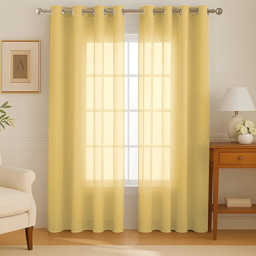 Cloth Fusion Plain Cotton Feel Sheer Door Curtains 7 Feet Long Set of 2 Semi-Transparent Lemon