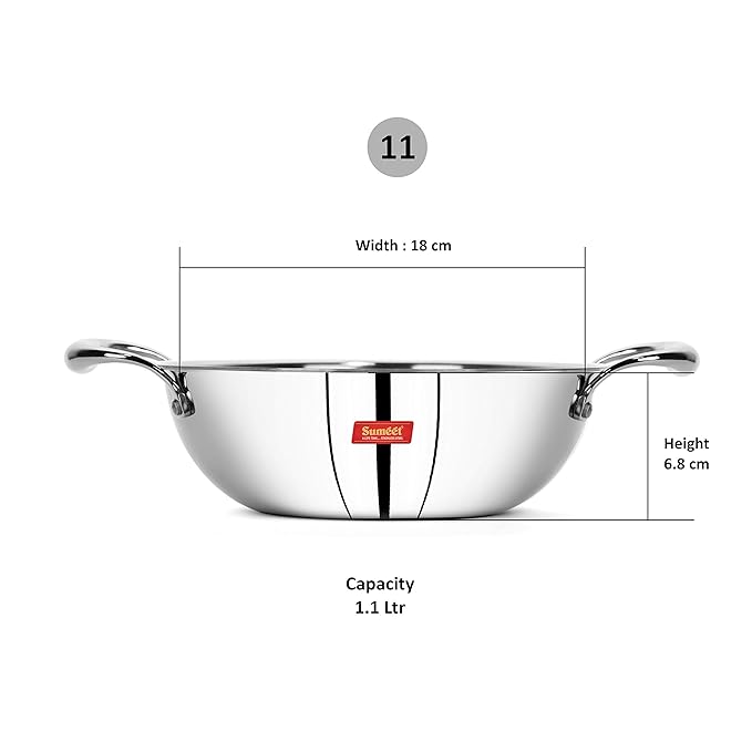 Sumeet Cook Smart TriPly Steel-Aluminium-Steel 3 Layers Kadhai  - 1.1 Ltr - 18Cm