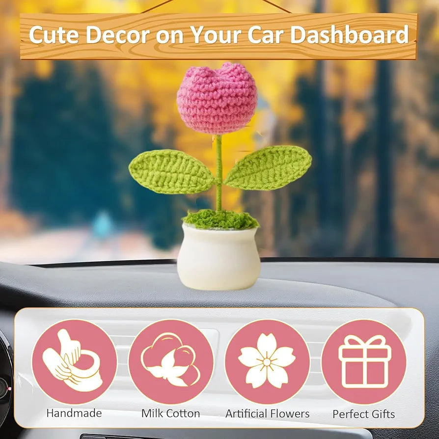 Handmade Crochet Flower Pot Rose and Tulip Artificial Flower Knitted Flower