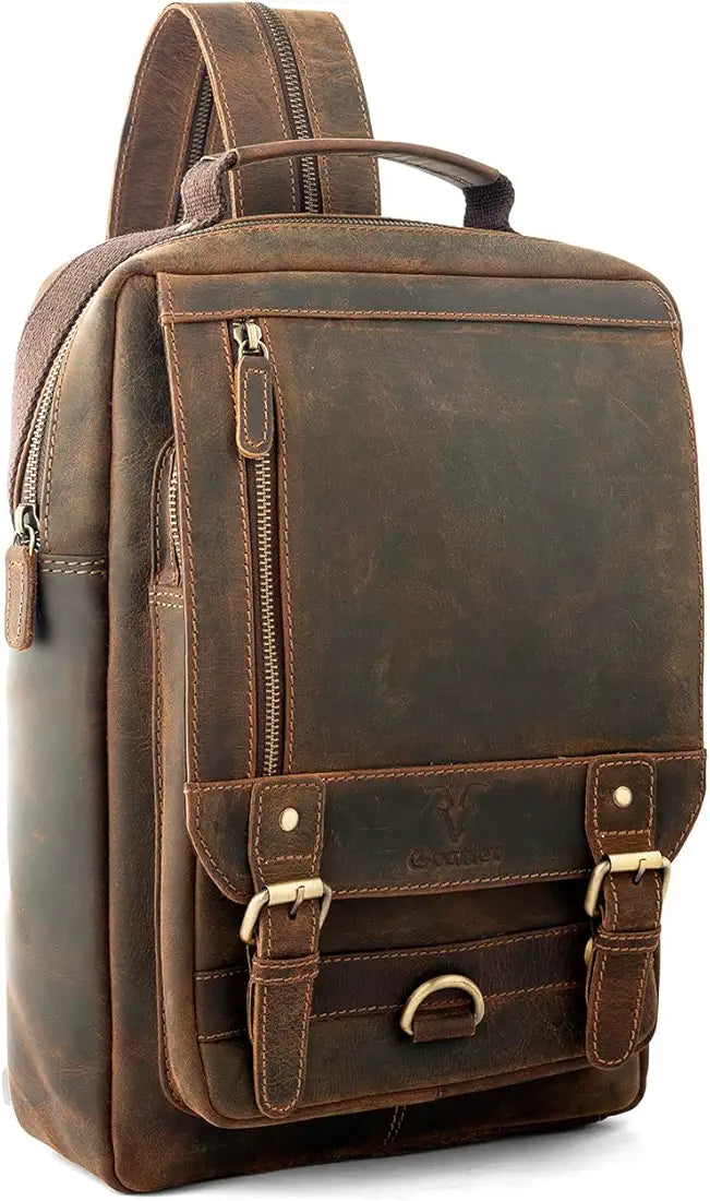 Goatter 22 Ltrs Men's Hunter Leather Backpack For 13.6 Laptop Travel Hiking Camping Rucksack, Brown