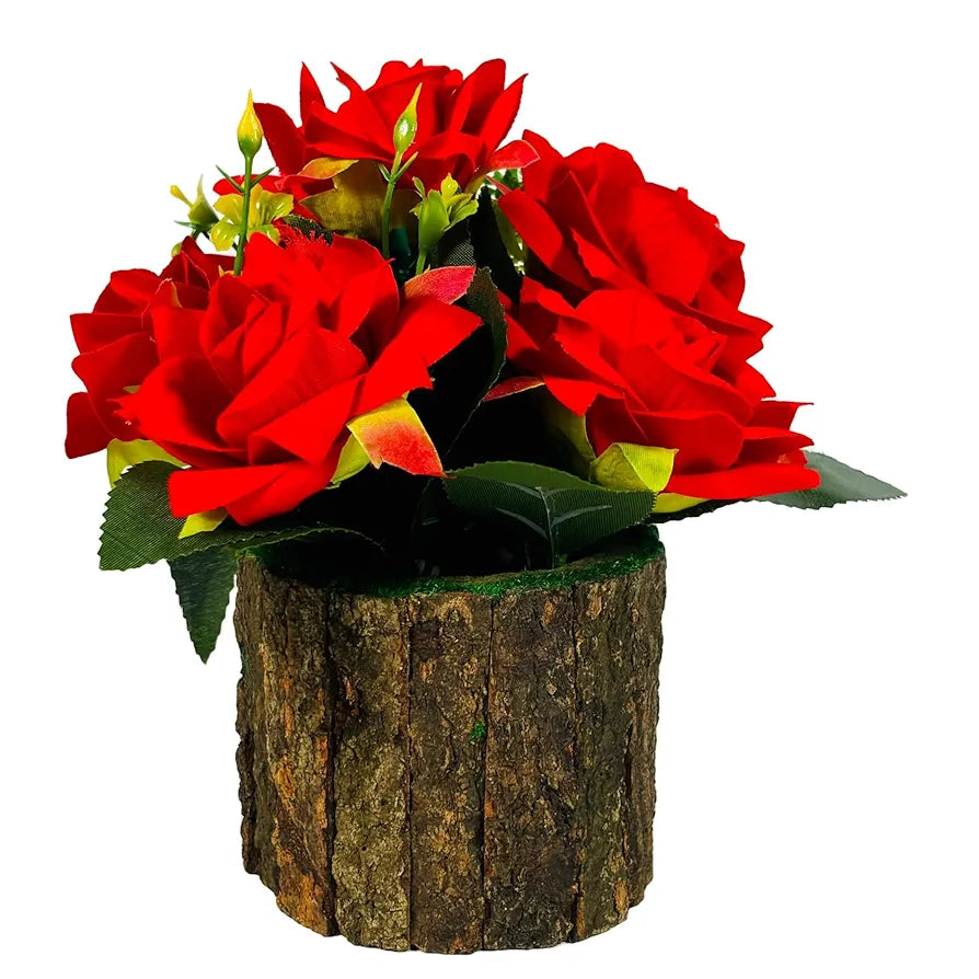Artificial Silk Rose Fake Flowers Potted Artificial Plants Indoors Natural Wooden Pot