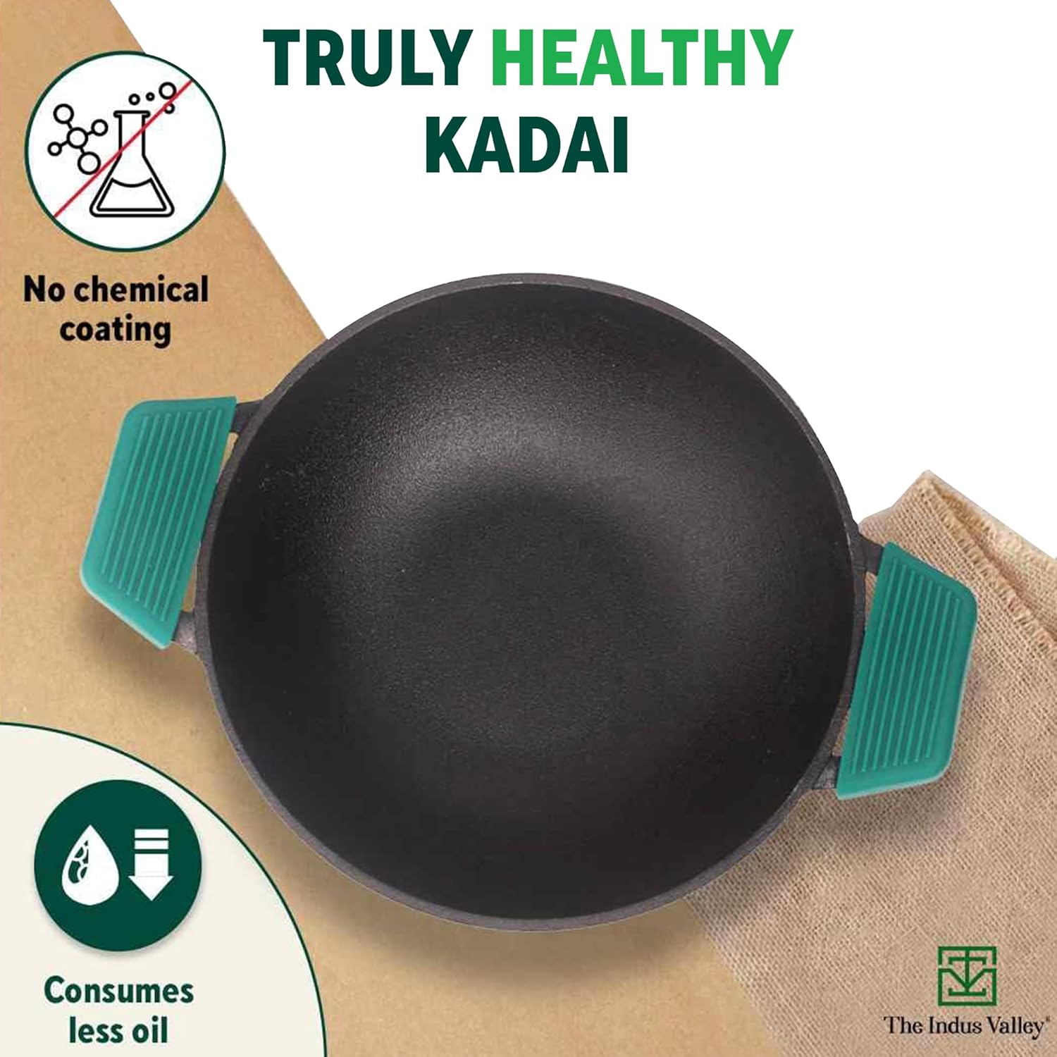 The Indus Valley Pre-Seasoned Cast Iron Kadai with Silicon Grip