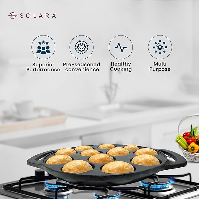 Solara Pre Seasoned Cast Iron Paniyaram Pan 12 Cavities 20 Cm Appam Patra, Paniyarakkal Pan | Cast Iron Cookware