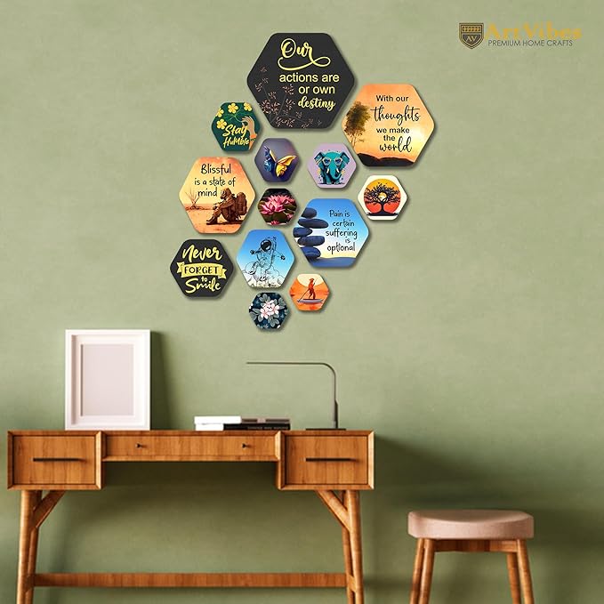 Artvibes Designer Wooden Wall Hanging Decoration for Home | Quotes Decor Item Pack of 13 Pieces