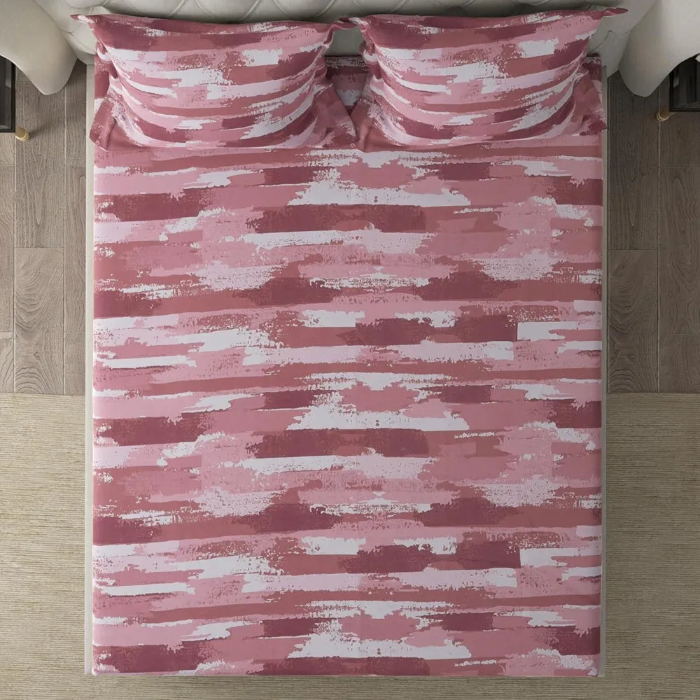 Cloth Fusion 186tc Glace Cotton Elastic Fitted Bedsheet for Double Bed King Size with 2 Pillow Covers Rosewater Stripes