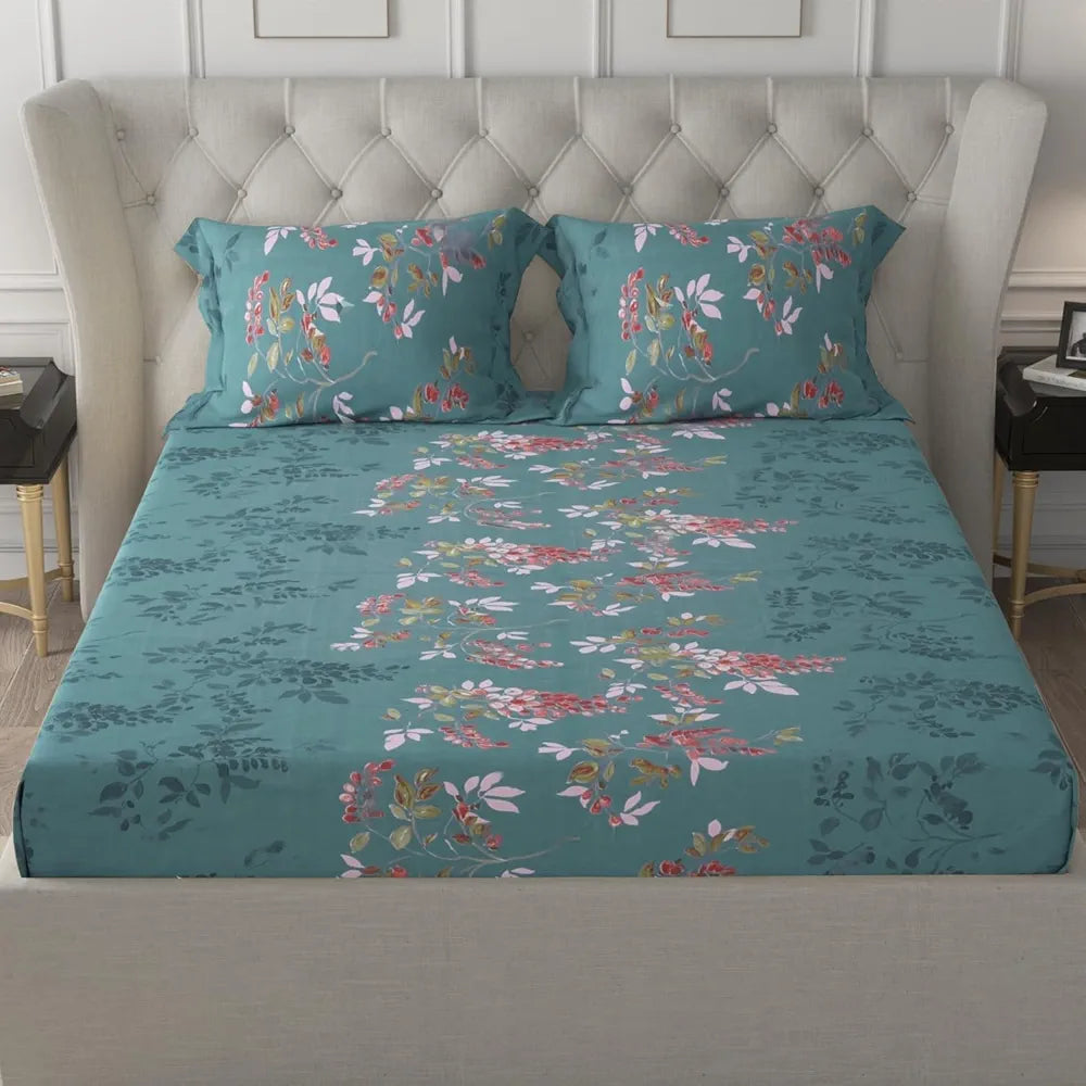 Cloth Fusion 186tc Glace Cotton Elastic Fitted Bedsheet for Double Bed King Size with 2 Pillow Covers Botanical Night