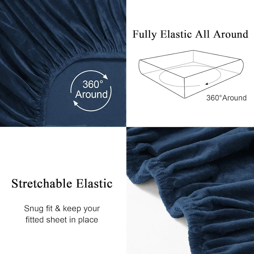 Cloth Fusion 200 TC Warm Winter Elastic Fitted Bedsheet for Double Bed King Size with 2 Pillow Covers Navy