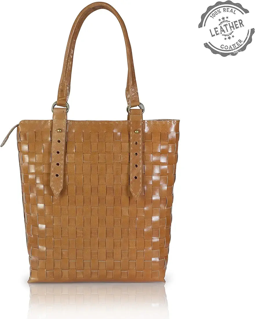 Goatter Genuine Leather Handmade Women's Tote Bag,Tan Color