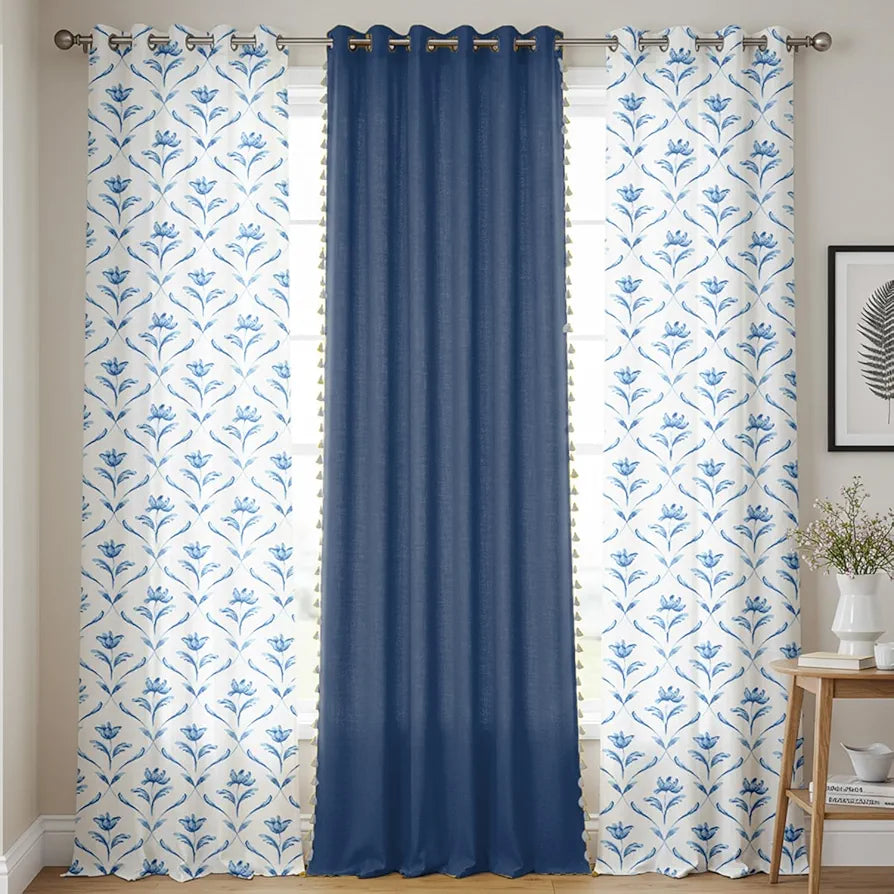 Urban Space Floral Cotton Curtains For Door Combo Set Of 3 Room Darkening Curtains For Home Decor Water Lily Blue & Aura Indigo