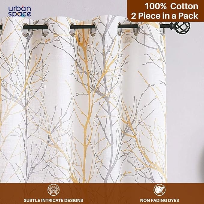 Urban Space Cotton Curtains for Door Set of 2 with Eyelets and tieback (Colou Branch Yellow)