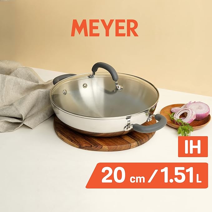 Meyer Trivantage Nickel Free Stainless Steel Triply Kadai with Steel Lid| 20cm Silver