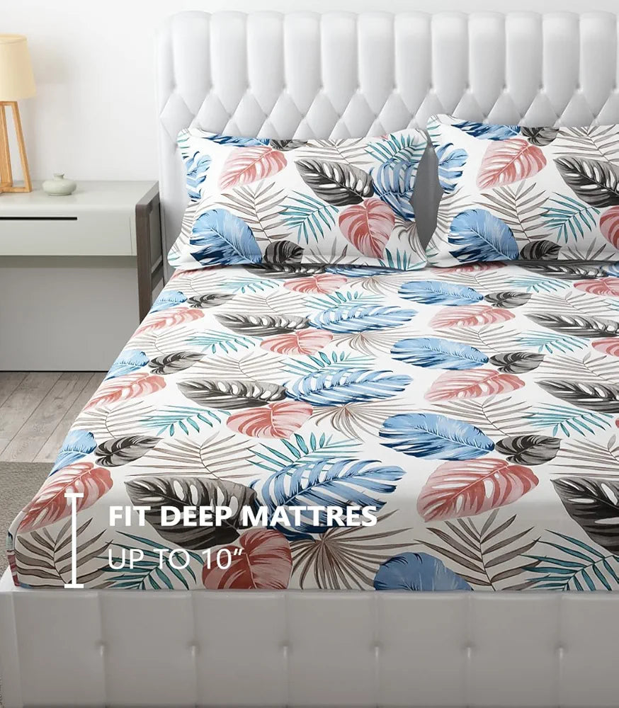 Fresh From Loom Elastic Fitted Floral Bed Sheets King Size Bed With Two Pillow Cover Fitted Bedsheet 144 Tc BBM White