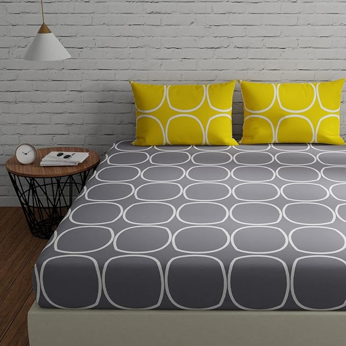 Huesland by Ahmedabad Cotton 144 TC Cotton Bedsheet for Double Bed King Size with 2 Pillow Covers | Grey & Yellow