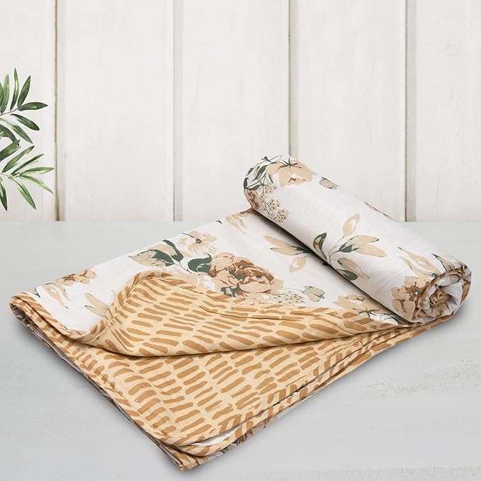 Huesland 100% Cotton Reversible Dohar Single Bed Cotton | Soft Cambric Weave, All Weather Light Ac Blanket | Blushing Blooms