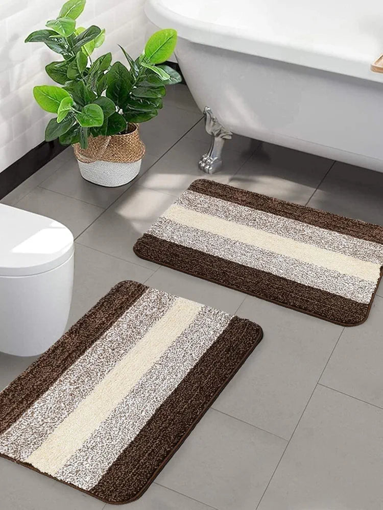 Saral Home Microfiber Striped Rectangle Shaped Anti-Skid Bath Mats Colour Brown (Pack Of 2)