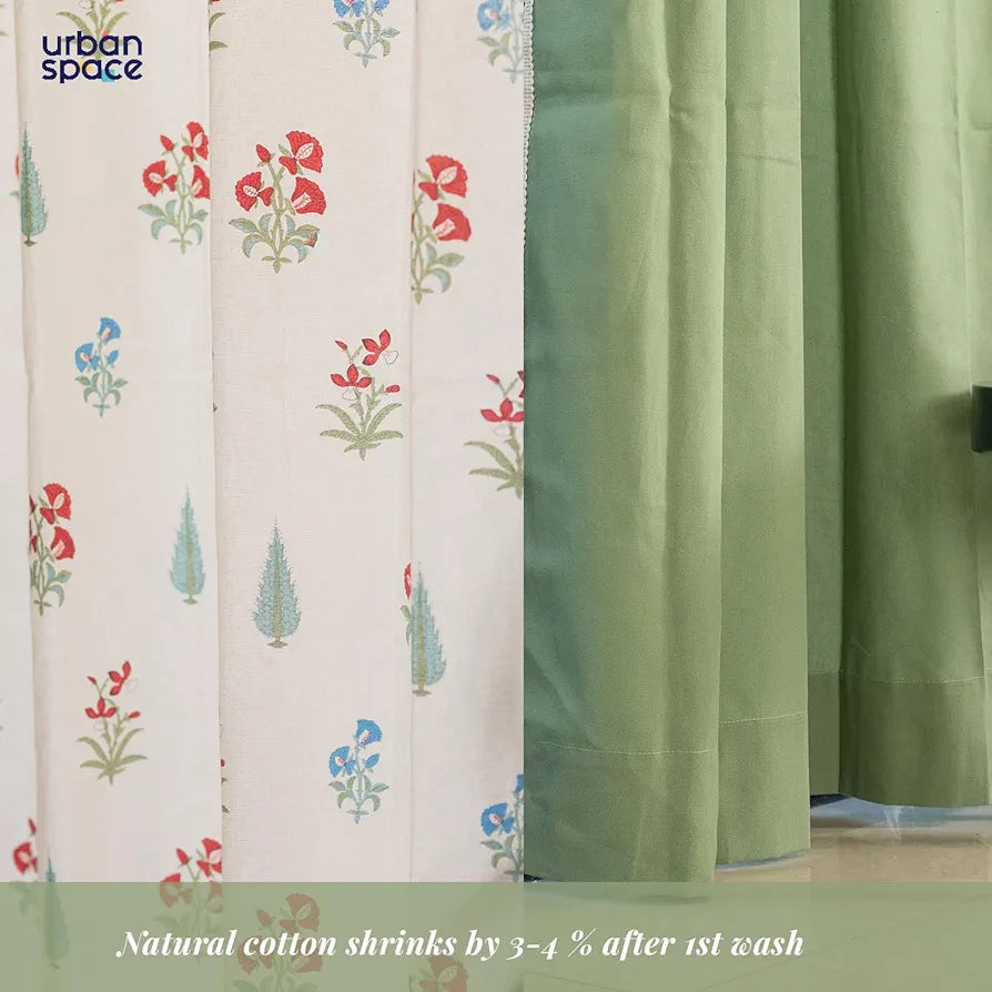 Urban Space Floral Cotton Curtains For Door, Combo Set Of 3 Room Darkening Curtains Tieback & Eyelets High Garden Red & Aura Green