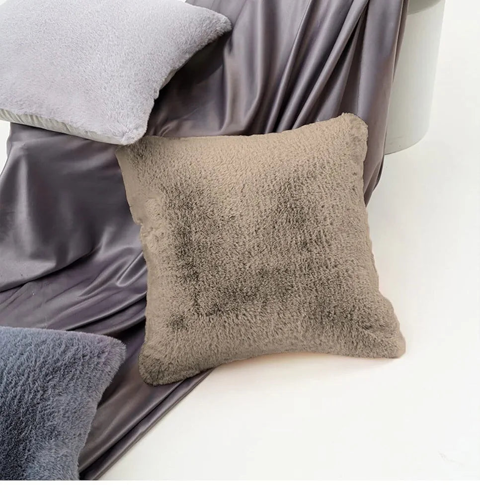 Luxe Home Cushion Cover One Side Rabbit Fur Plain Design Covers Set of 2 Colour Taupe