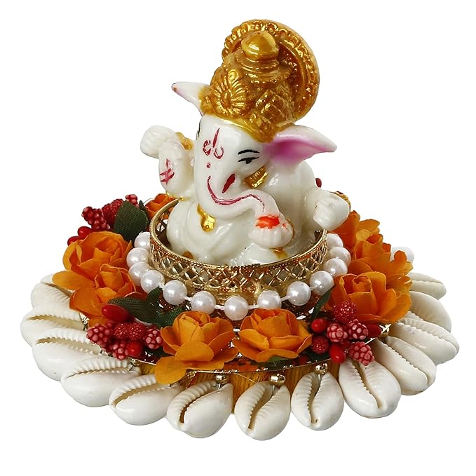 Ecraftindia Polyresin Lord Ganesha Idol on Shells and Orange Floral Decorative Handcrafted Plate