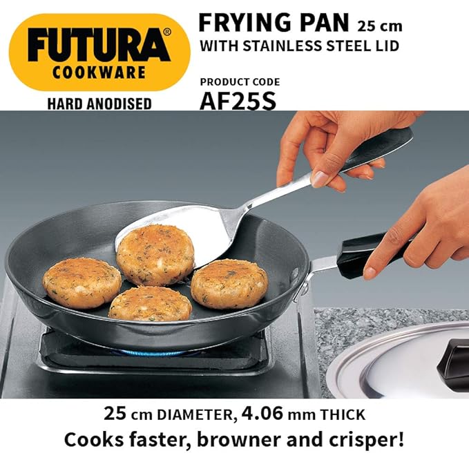 Hawkins Futura 24 cm Frying Pan Hard Anodised Fry Pan with Stainless Steel Lid Black