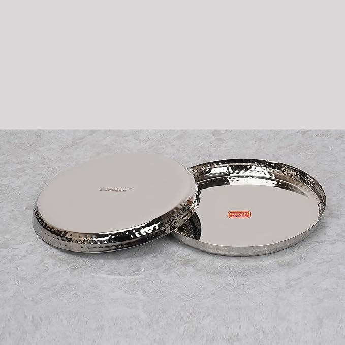 Sumeet Stainless Steel Handcrafted Hammered Texture Heavy Gauge Mirror Finish Royal Dinner Plate set of 2 Pc 29.5cm
