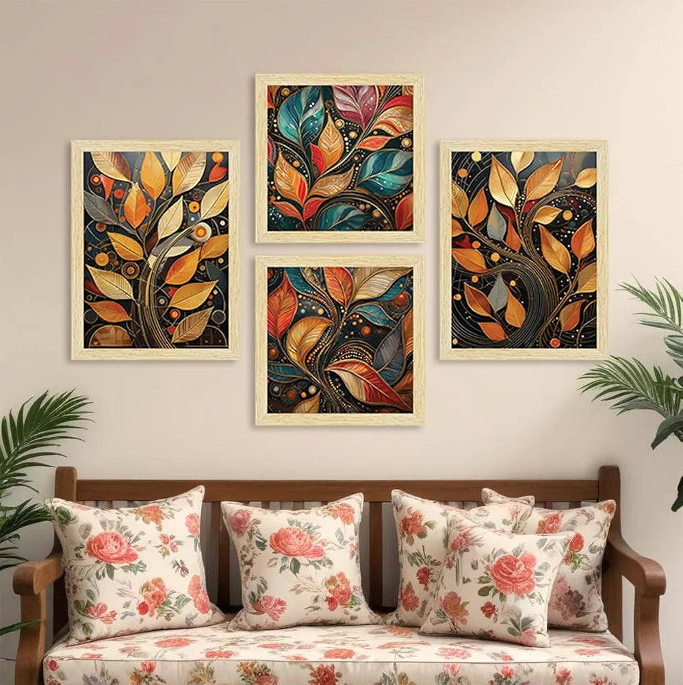 ArtX Paper Golden Mystic Leaves Art Paintings With Frame Set of 4