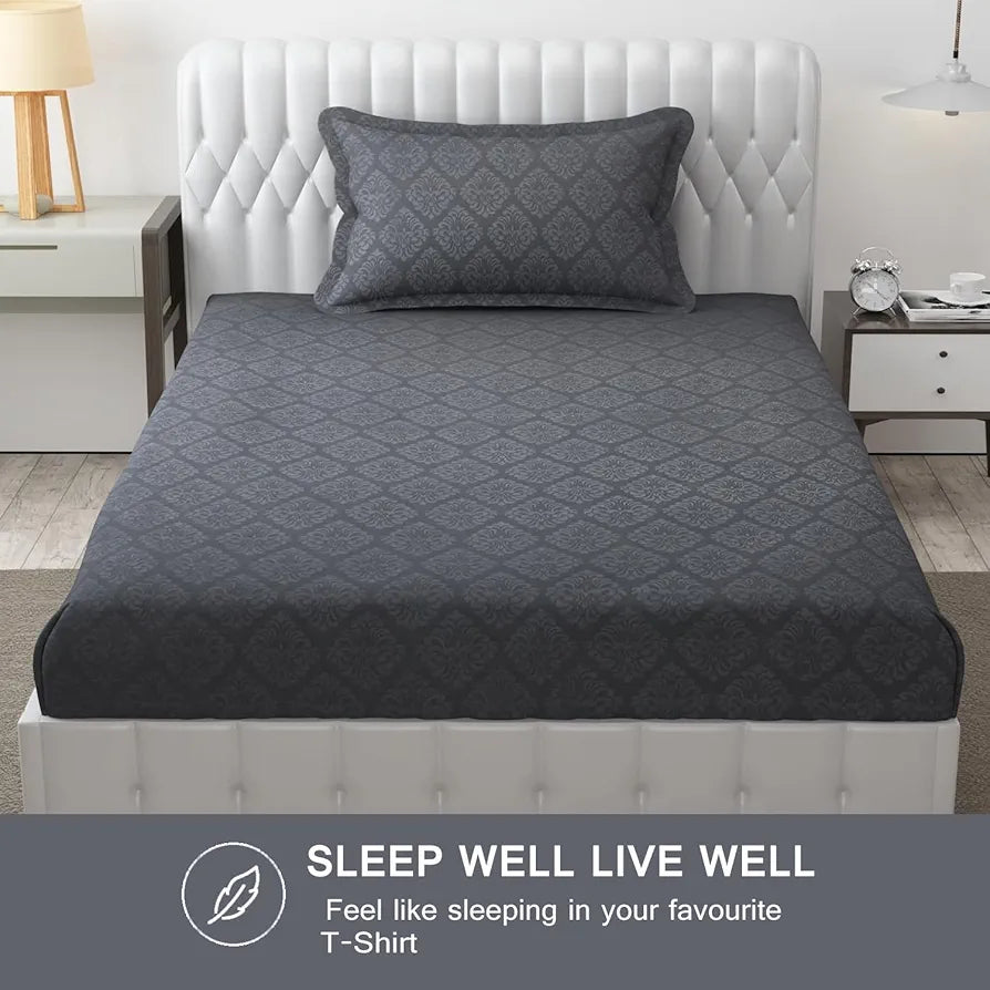 Fresh From Loom Microfiber Single Size Bedsheet Hypoallergenic Wrinkle Free Rotary Printed Bed Sheets with 1 Pillow Covers 144 TC Grey Damas