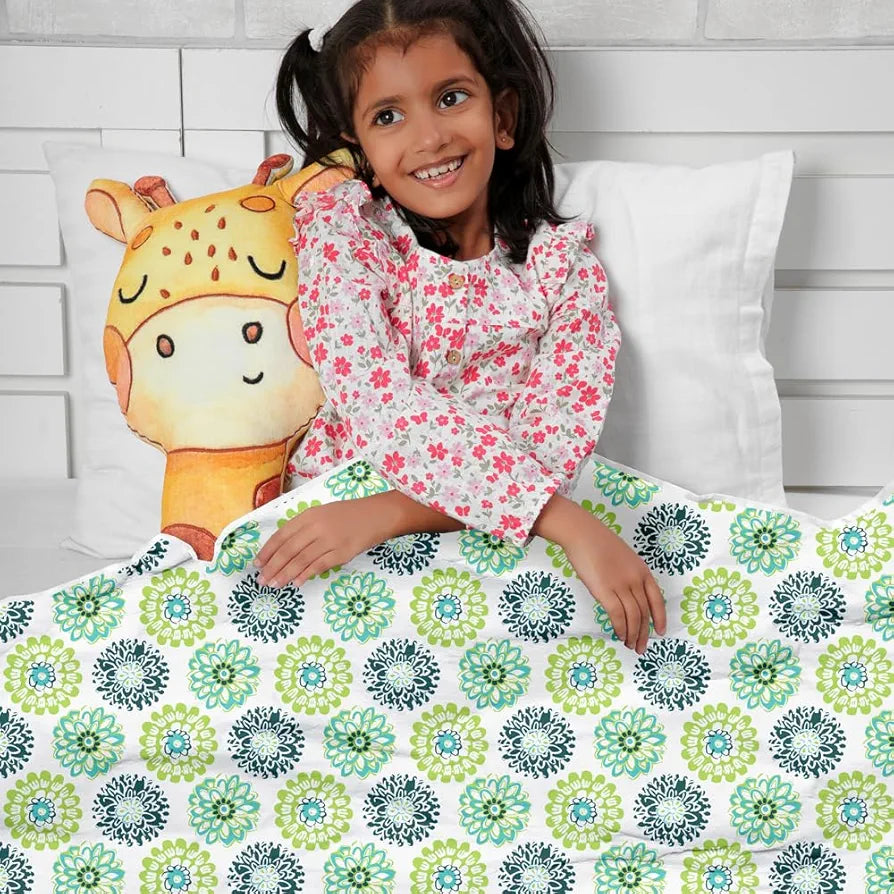 Divine Casa Floret 100% Cotton Single Kids Dohar 120 GSM Soft & Lightweight Throw Blanket Colour Green Blue