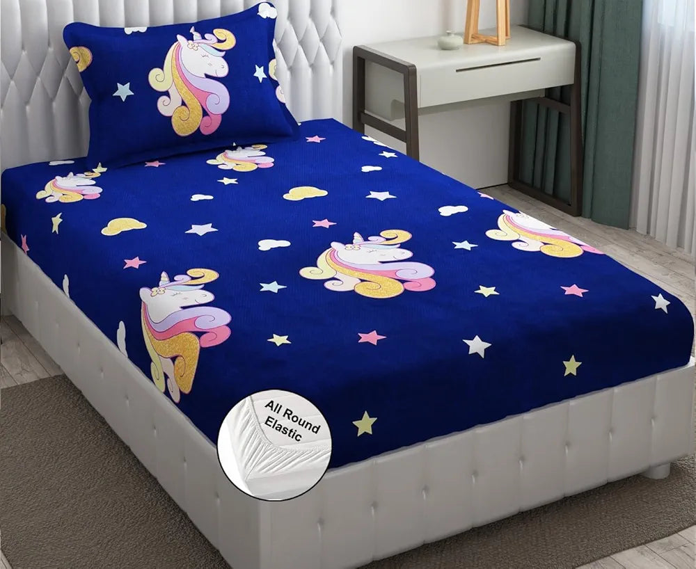 Fresh From Loom 300 TC Elastic Fitted Bed Sheet Cartoon Printed Bedsheets For Kids With 1 Pillow Cover Dinosaur Blue Smallsingle